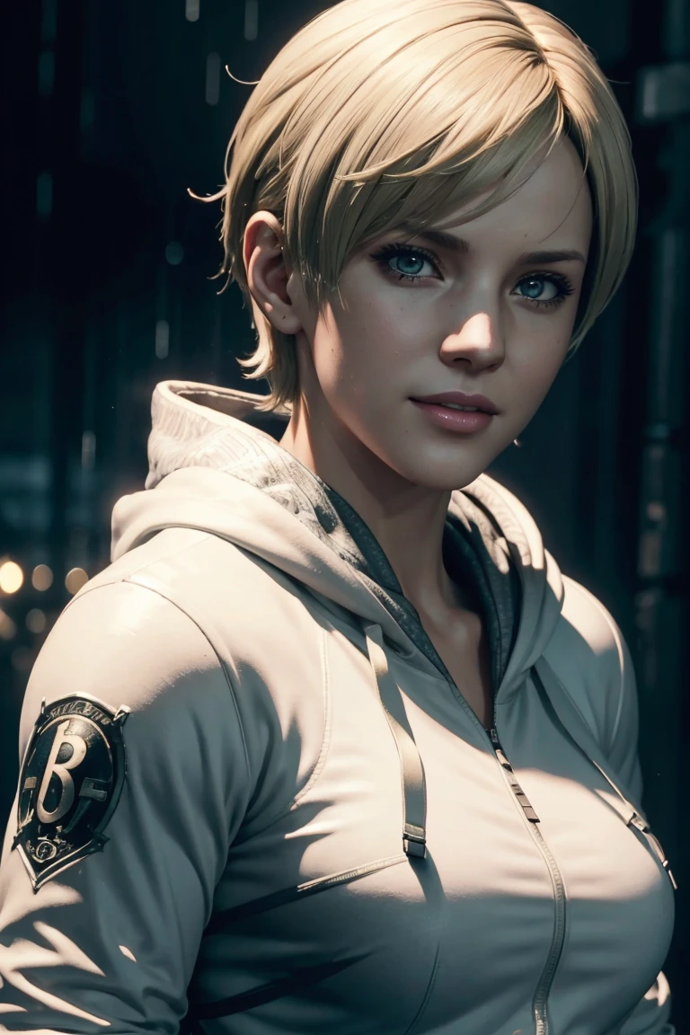 Resident Evil 6,Shelley,Short Hair,Blonde Hair,White hoodie,Cold protection,neck warmer,Photorealistic,Ultra HD,high quality,masterpiece,Digital SLR,Detailed details,Intricate details,Anatomical basis,Depicted in detail,A detailed face,Realistic skin texture,Vivid details,Perfect Anatomy,Perfect Anatomy,Anatomically correct hand,Anatomically correct fingers,Super Detail,Complex 3D rendering,Sexy pose,Rainy Sky,Beautiful scenery,Fantastic rainy sky,Picturesque,Pink Lips,smile,