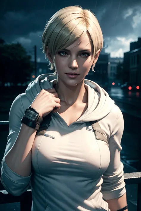 Resident Evil 6,Shelley,Short Hair,Blonde Hair,White hoodie,Cold protection,neck warmer,Photorealistic,Ultra HD,high quality,mas...