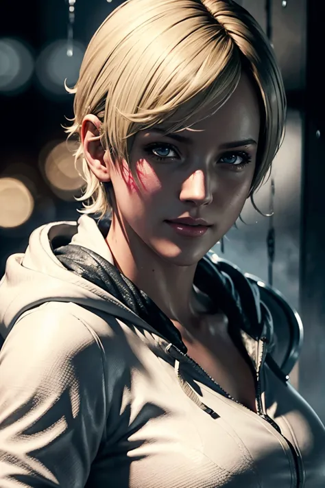 Resident Evil 6,Shelley,Short Hair,Blonde Hair,White hoodie,Cold protection,neck warmer,Photorealistic,Ultra HD,high quality,mas...