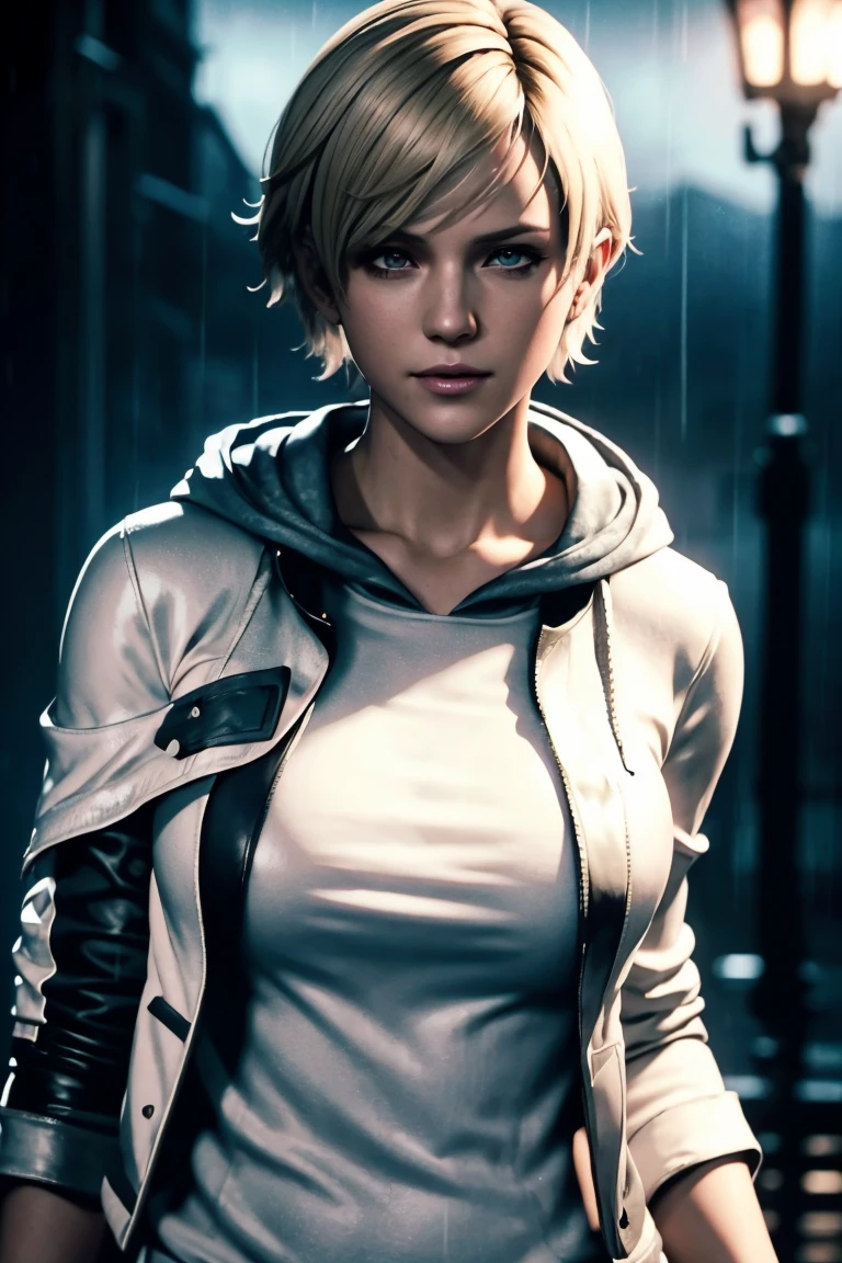 Resident Evil 6,Shelley,Short Hair,Blonde Hair,White hoodie,Cold protection,neck warmer,Photorealistic,Ultra HD,high quality,masterpiece,Digital SLR,Detailed details,Intricate details,Anatomical basis,Depicted in detail,A detailed face,Realistic skin texture,Vivid details,Perfect Anatomy,Perfect Anatomy,Anatomically correct hand,Anatomically correct fingers,Super Detail,Complex 3D rendering,Sexy pose,Rainy Sky,Beautiful scenery,Fantastic rainy sky,Picturesque,Pink Lips,smile,