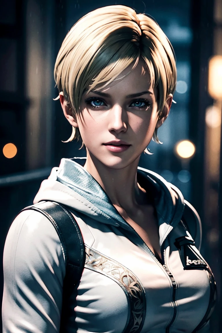 Resident Evil 6,Shelley,Short Hair,Blonde Hair,White hoodie,Cold protection,neck warmer,Photorealistic,Ultra HD,high quality,masterpiece,Digital SLR,Detailed details,Intricate details,Anatomical basis,Depicted in detail,A detailed face,Realistic skin texture,Vivid details,Perfect Anatomy,Perfect Anatomy,Anatomically correct hand,Anatomically correct fingers,Super Detail,Complex 3D rendering,Sexy pose,Rainy Sky,Beautiful scenery,Fantastic rainy sky,Picturesque,Pink Lips,smile,