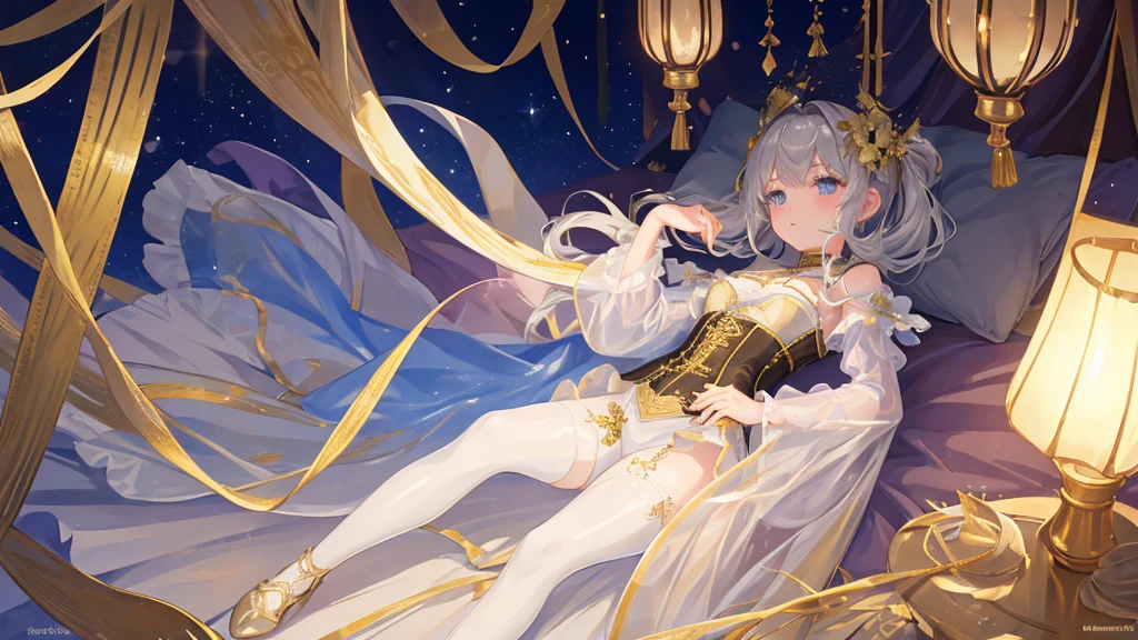 8 year old medieval girl, １people、In underwear、Gold and silver thread embroidery、She is wearing translucent bloomers that reach below her knees.、Wearing a semi-transparent corset、Translucent slip, Grey translucent tights、sleep