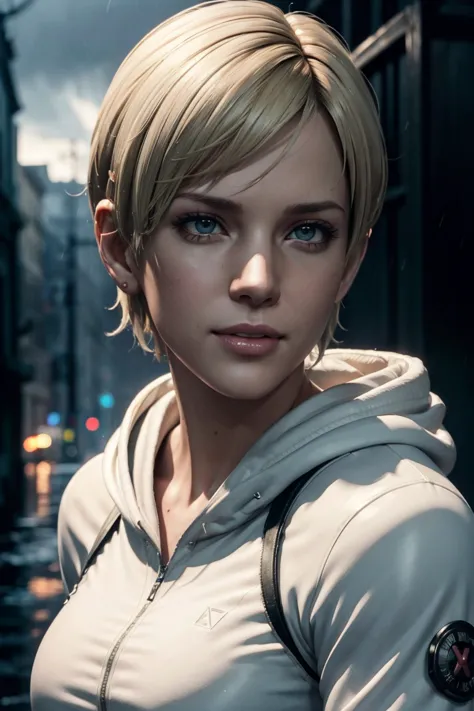 resident evil 6,shelley,short hair,blonde hair,white hoodie,cold protection,neck warmer,photorealistic,ultra hd,high quality,mas...