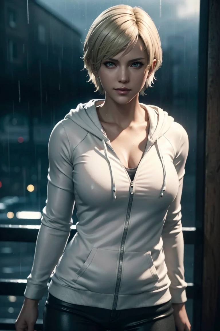 Resident Evil 6,Shelley,Short Hair,Blonde Hair,White hoodie,Cold protection,neck warmer,Photorealistic,Ultra HD,high quality,masterpiece,Digital SLR,Detailed details,Intricate details,Anatomical basis,Depicted in detail,A detailed face,Realistic skin texture,Vivid details,Perfect Anatomy,Perfect Anatomy,Anatomically correct hand,Anatomically correct fingers,Super Detail,Complex 3D rendering,Sexy pose,Rainy Sky,Beautiful scenery,Fantastic rainy sky,Picturesque,Pink Lips,smile,