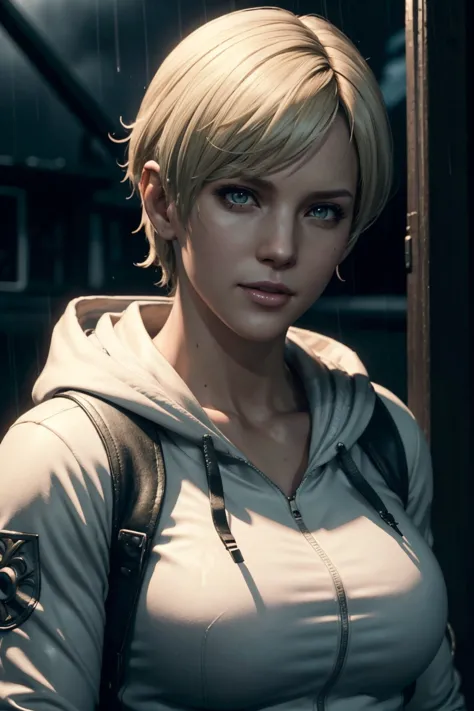 resident evil 6,shelley,short hair,blonde hair,white hoodie,cold protection,neck warmer,photorealistic,ultra hd,high quality,mas...