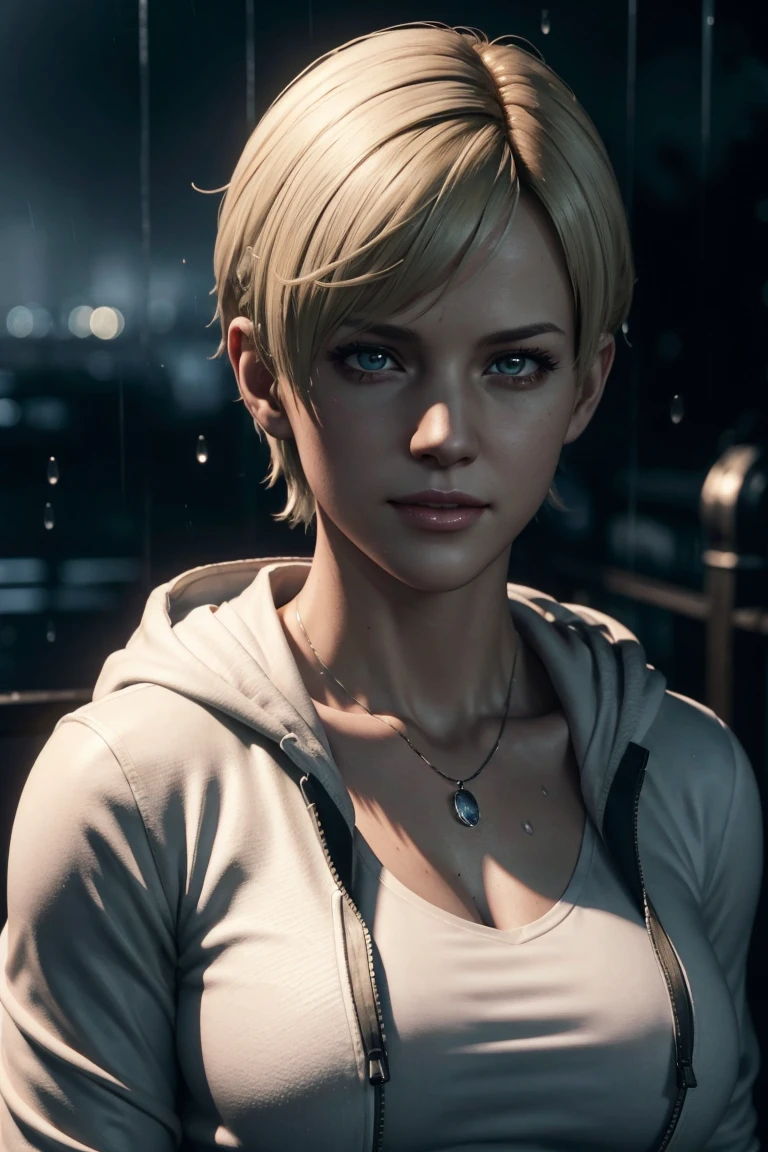 Resident Evil 6,Shelley,Short Hair,Blonde Hair,White hoodie,Cold protection,neck warmer,Photorealistic,Ultra HD,high quality,masterpiece,Digital SLR,Detailed details,Intricate details,Anatomical basis,Depicted in detail,A detailed face,Realistic skin texture,Vivid details,Perfect Anatomy,Perfect Anatomy,Anatomically correct hand,Anatomically correct fingers,Super Detail,Complex 3D rendering,Sexy pose,Rainy Sky,Beautiful scenery,Fantastic rainy sky,Picturesque,Pink Lips,smile,