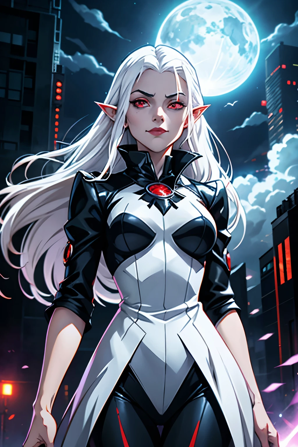 1 girl, (standing alone), anime girl with long white hair and red eyes,  with white hair, girl in white high collar, ((eye patche)), pointy ears, ((vampyre)), pretentious smile, presumptuous, cloused mouth, cowboy shot, perfect white haired girl, white haired deity, cyberpunk anime digital art, high collar, Lens flare, ((dramatic lighting)), soft, glowing red eyes, extremely detaild, work of art, gazing at viewer, city in the background, (natta)