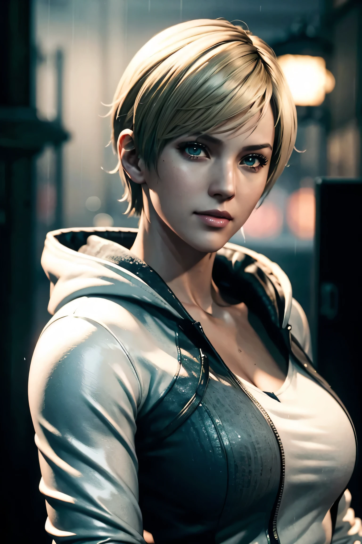 Resident Evil 6,Shelley,Short Hair,Blonde Hair,White hoodie,Cold protection,neck warmer,Photorealistic,Ultra HD,high quality,masterpiece,Digital SLR,Detailed details,Intricate details,Anatomical basis,Depicted in detail,A detailed face,Realistic skin texture,Vivid details,Perfect Anatomy,Perfect Anatomy,Anatomically correct hand,Anatomically correct fingers,Super Detail,Complex 3D rendering,Sexy pose,Rainy Sky,Beautiful scenery,Fantastic rainy sky,Picturesque,Pink Lips,smile,