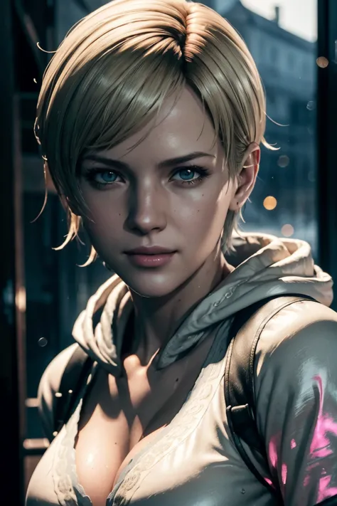 resident evil 6,shelley,short hair,blonde hair,white hoodie,cold protection,neck warmer,photorealistic,ultra hd,high quality,mas...