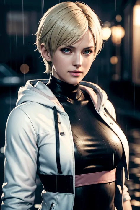 resident evil 6,shelley,short hair,blonde hair,white hoodie,cold protection,neck warmer,photorealistic,ultra hd,high quality,mas...