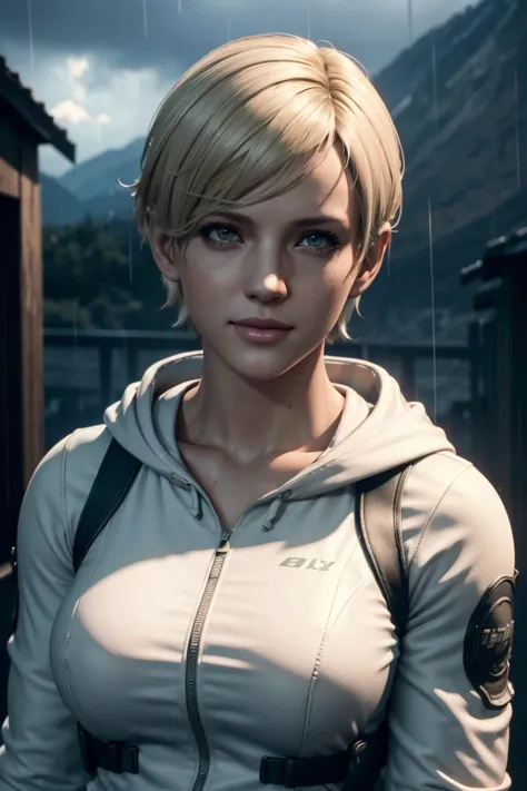 resident evil 6,shelley,short hair,blonde hair,white hoodie,cold protection,neck warmer,photorealistic,ultra hd,high quality,mas...