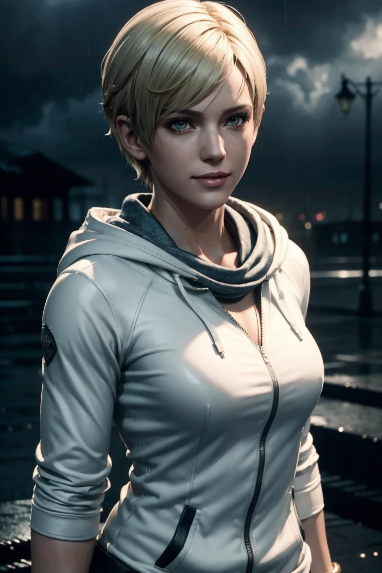 Resident Evil 6,Shelley,Short Hair,Blonde Hair,White hoodie,Cold protection,neck warmer,Photorealistic,Ultra HD,high quality,masterpiece,Digital SLR,Detailed details,Intricate details,Anatomical basis,Depicted in detail,A detailed face,Realistic skin texture,Vivid details,Perfect Anatomy,Perfect Anatomy,Anatomically correct hand,Anatomically correct fingers,Super Detail,Complex 3D rendering,Sexy pose,Rainy Sky,Beautiful scenery,Fantastic rainy sky,Picturesque,Pink Lips,smile,