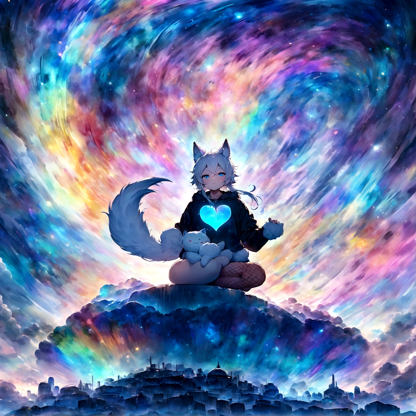 a cute adult male with wolf ears, long white hair, long locks, has a wolf tail, wearing a loose cropped black hoodie, wearing a pair of denim short shorts and fishnet stockings, thick thighs, wide hips, relaxing on mound of fluffy multi colored kawaii plushies, short, very slim, showing slender tummy, heart on hoodie, squishy thighs, has glowing blue eyes. alone, solo (ALONE)(SOLO), surrounded by rainbows, colorful galaxy backround