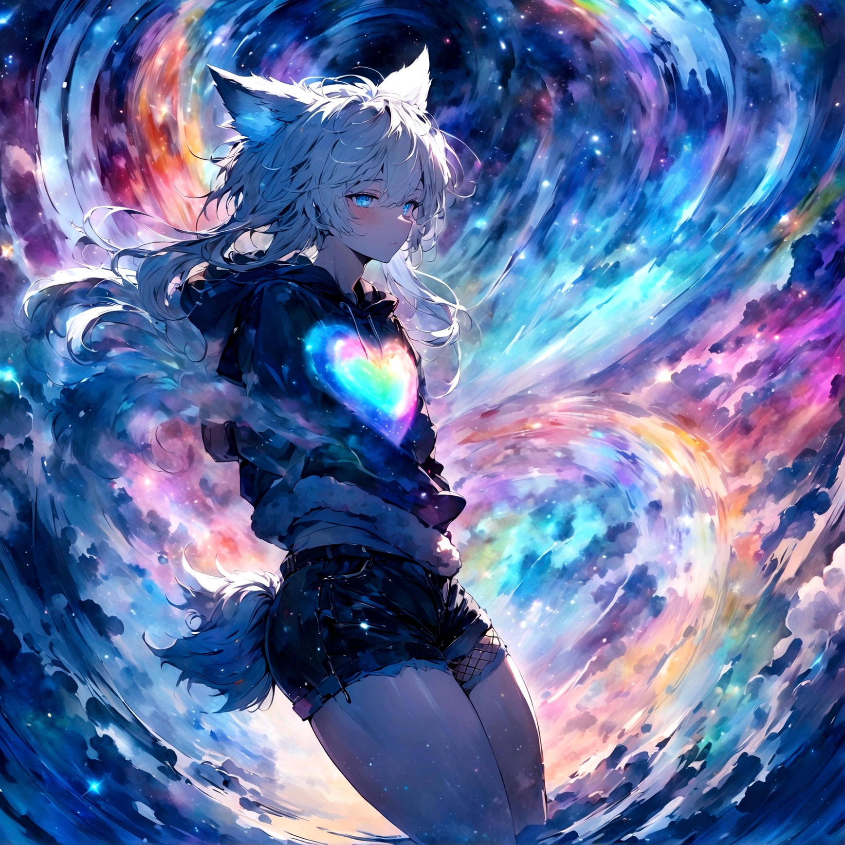 a cute adult male with wolf ears, long white hair, long locks, has a wolf tail, wearing a loose cropped black hoodie, wearing a pair of denim short shorts and fishnet stockings, thick thighs, wide hips, relaxing on mound of fluffy multi colored kawaii plushies, short, very slim, showing slender tummy, heart on hoodie, squishy thighs, has glowing blue eyes. alone, solo (ALONE)(SOLO), surrounded by rainbows, colorful galaxy backround