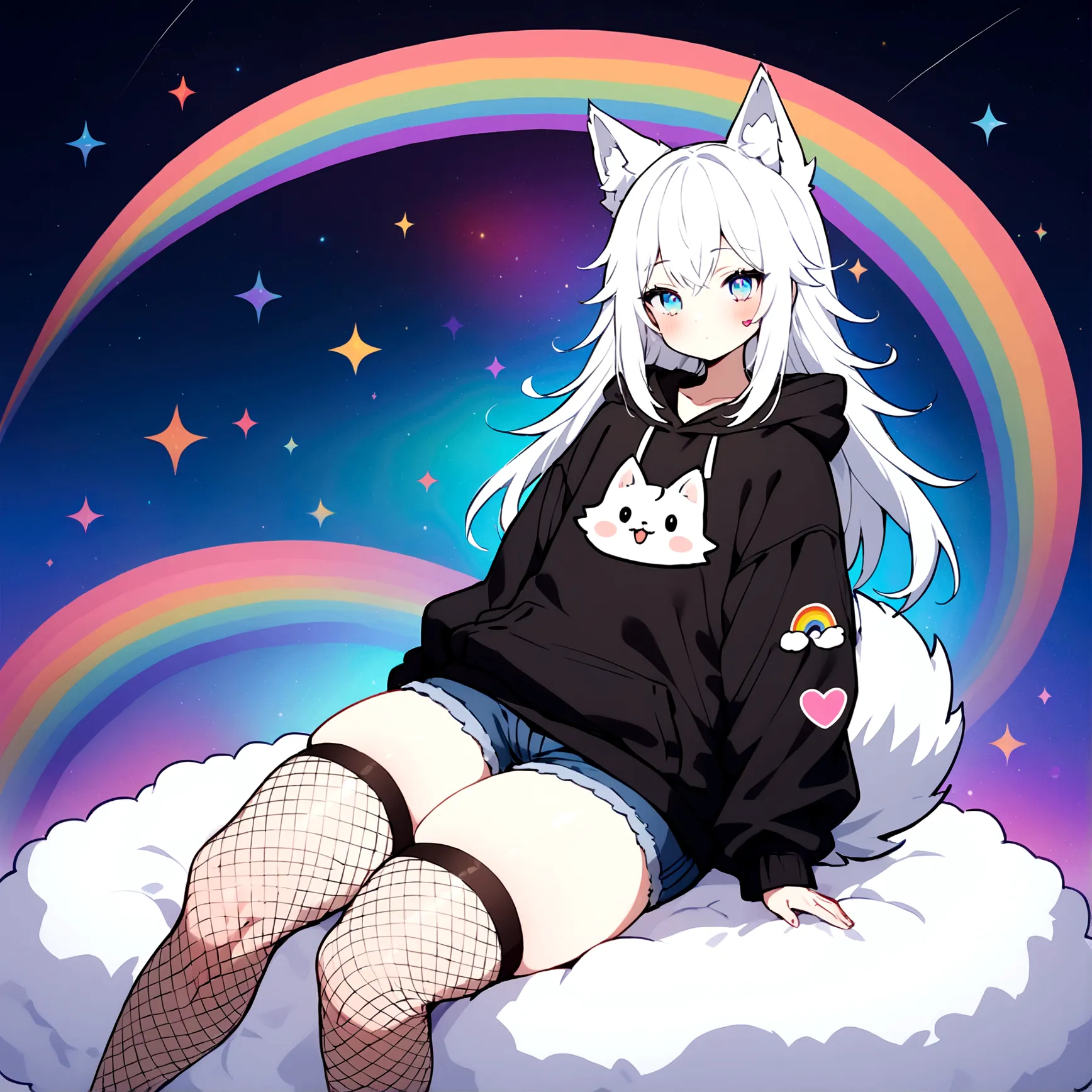 a sticker of a  cute adult male with wolf ears, long white hair, long locks, has a wolf tail, wearing a loose cropped black hood...
