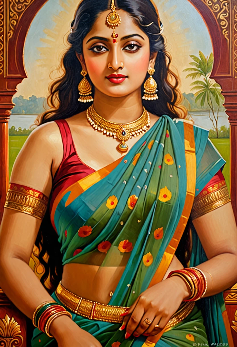 Beautiful painting of a woman in a sari with a necklace and earrings, beautiful thick figure, Thick curvy beauty, looks like Sandeepa Dhar, inspired by Raja Ravi Varma, szukalski ravi varma, portrait of a beautiful goddess, by Raja Ravi Varma, indian goddess, traditional beauty, a stunning portrait of a goddess, inspired by T. K. Padmini, indian art, indian goddess of wealth, portrait of a goddess