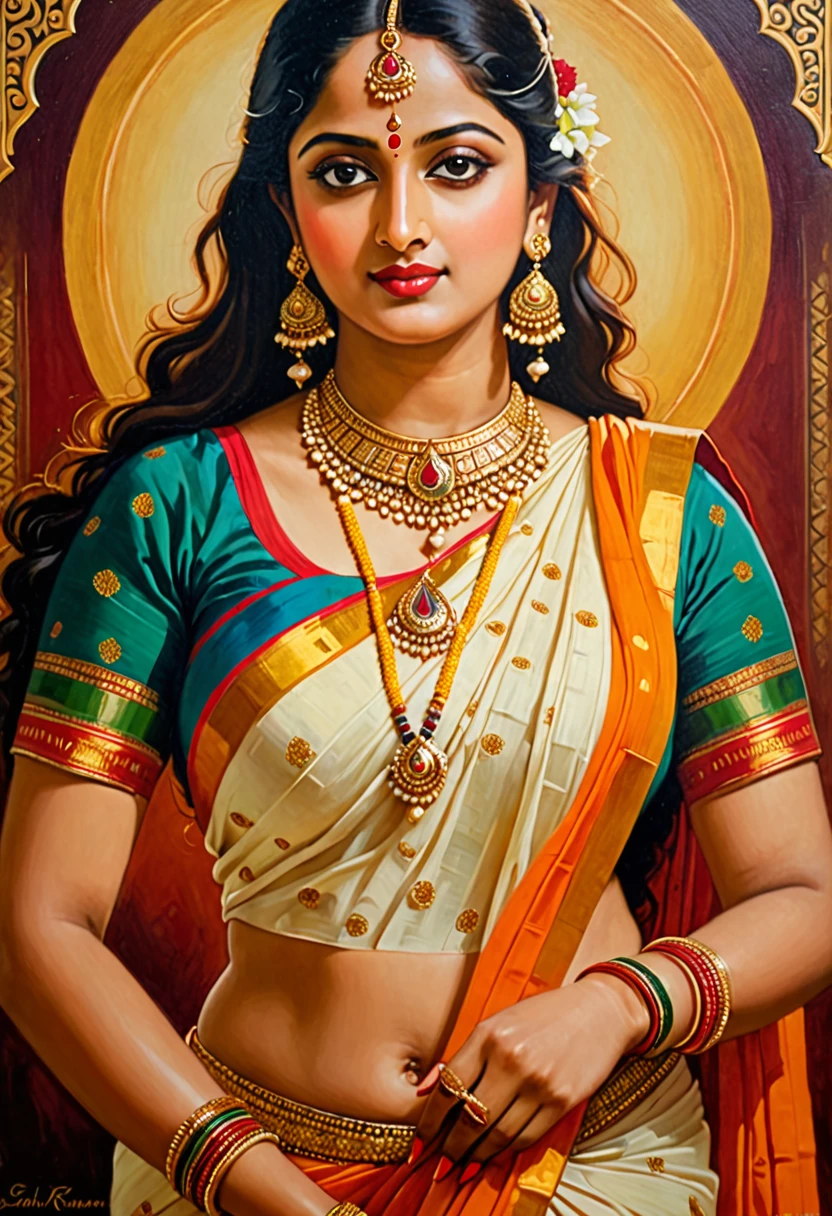 Beautiful painting of a woman in a sari with a necklace and earrings, beautiful thick figure, Thick curvy beauty, looks like Sandeepa Dhar, inspired by Raja Ravi Varma, szukalski ravi varma, portrait of a beautiful goddess, by Raja Ravi Varma, indian goddess, traditional beauty, a stunning portrait of a goddess, inspired by T. K. Padmini, indian art, indian goddess of wealth, portrait of a goddess