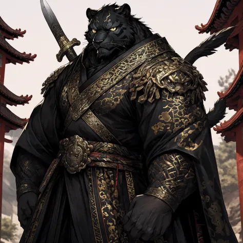 (Black Panther),(Black combat robe),Holding a spear,Powerful gesture,Stand confidently and proudly,Chinese style general holding...