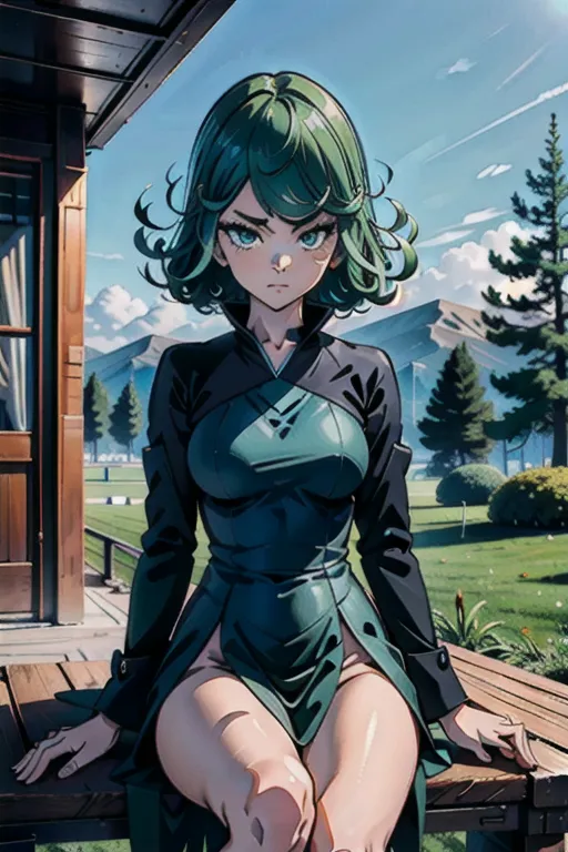 anime girl sitting on a bench in a green dress