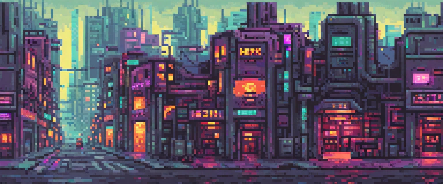 Hintergrund, pixel art, futuristische Figur in einer von Robotern kontrollierten Stadt, Retro-Spiel, Figuren im Retro-Stil, (Kunstwerk, bester Qualitäter, perfekte Komposition, sehr ästhetisch, absurderes, Ultra-Details, Details Kompliziert, Fachmann, offizielle Kunst, Repräsentative Arbeit:1.3)