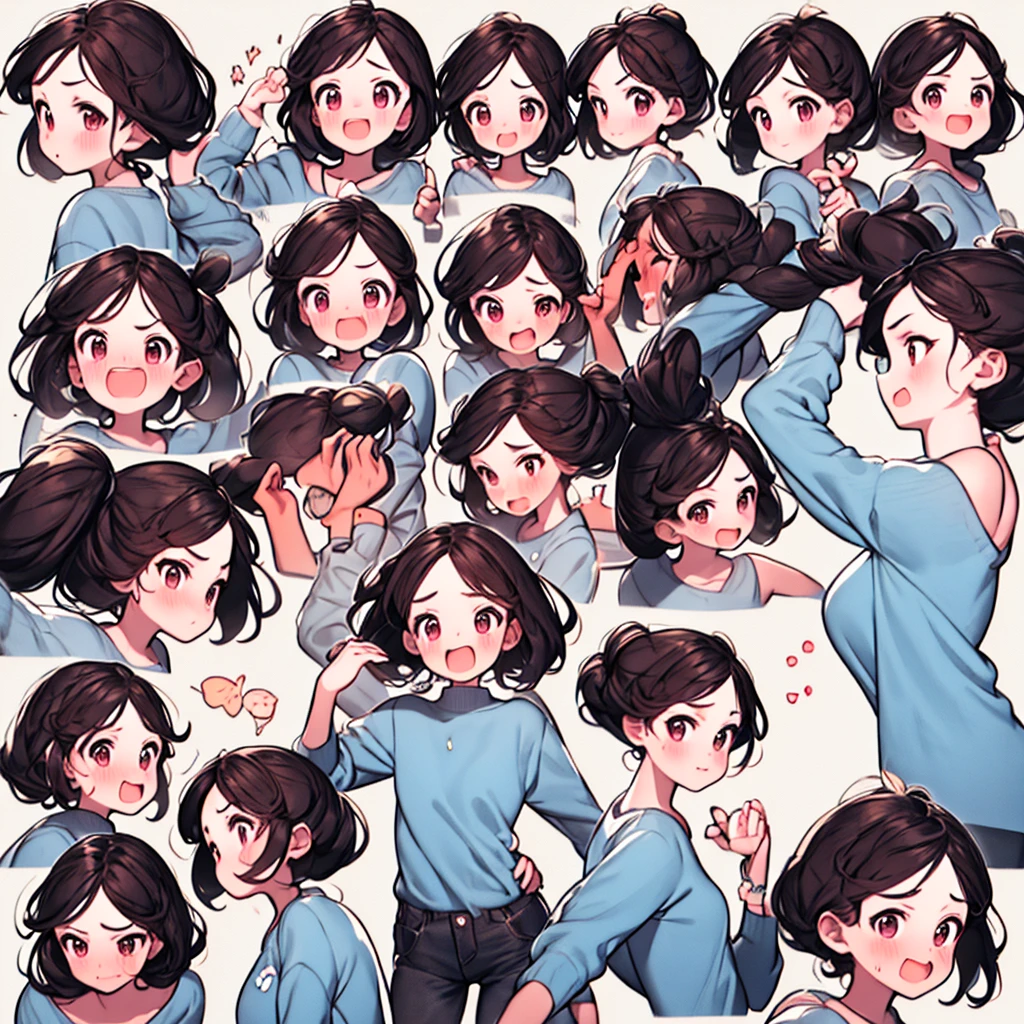 Cute girl avatar，red hair, glasses, emoji pack，(9 emojis，emoji sheet，Align arrangement)，9 poses and expressions（Grieving，astonishment，having fun，excitement，big laughter，angry，doubt，Touch your head，Sell moe, wait），Anthropomorphic style，Disney style，Black strokes，Different emotions，9 poses and expressions，8K