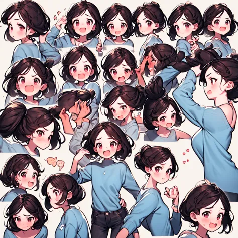 Cute girl avatar，red hair, glasses, emoji pack，(9 emojis，emoji sheet，Align arrangement)，9 poses and expressions（Grieving，astonis...