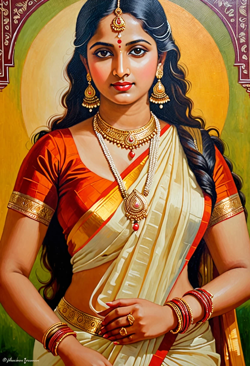 Beautiful painting of lkjhgf in a sari with a necklace and earrings, beautiful thick figure, Thick curvy beauty, looks like lkjhgf, inspired by Raja Ravi Varma, szukalski ravi varma, portrait of a beautiful goddess, by Raja Ravi Varma, indian goddess, traditional beauty, a stunning portrait of a goddess, inspired by T. K. Padmini, indian art, indian goddess of wealth, portrait of a goddess