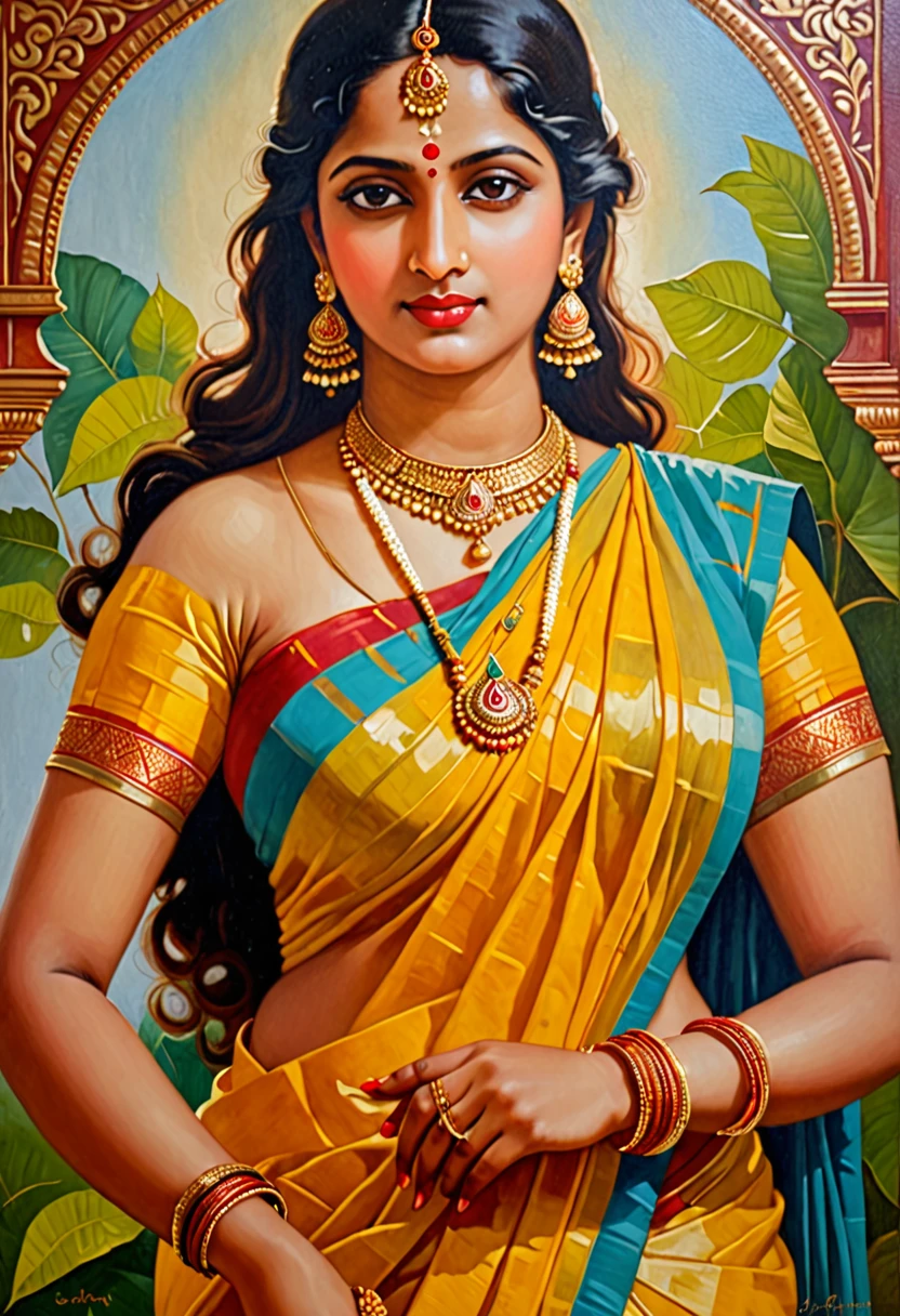 Beautiful painting of lkjhgf in a sari with a necklace and earrings, beautiful thick figure, Thick curvy beauty, looks like lkjhgf, inspired by Raja Ravi Varma, szukalski ravi varma, portrait of a beautiful goddess, by Raja Ravi Varma, indian goddess, traditional beauty, a stunning portrait of a goddess, inspired by T. K. Padmini, indian art, indian goddess of wealth, portrait of a goddess