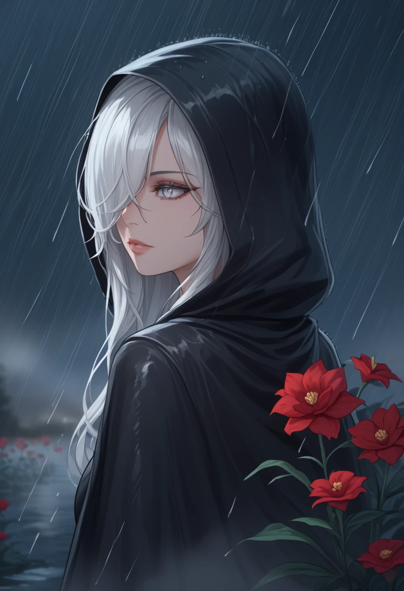 1girl,solo,1girl,solo,((beautiful detailed eyes)), (detailed light),depth of field,(white hair),silver eyes,hair over one eye,(red flower ), hair flower,long hair,black cloak,wet,emotionless,looking back,night,starfall,raining,fog,red flowers falling,sketch,upper body,intense shadows,