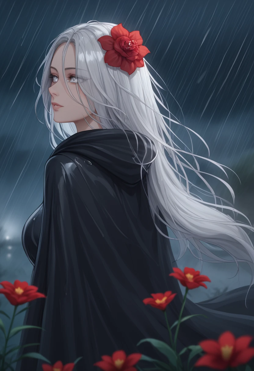 1girl,solo,1girl,solo,((beautiful detailed eyes)), (detailed light),depth of field,(white hair),silver eyes,hair over one eye,(red flower ), hair flower,long hair,black cloak,wet,emotionless,looking back,night,starfall,raining,fog,red flowers falling,sketch,upper body,intense shadows,