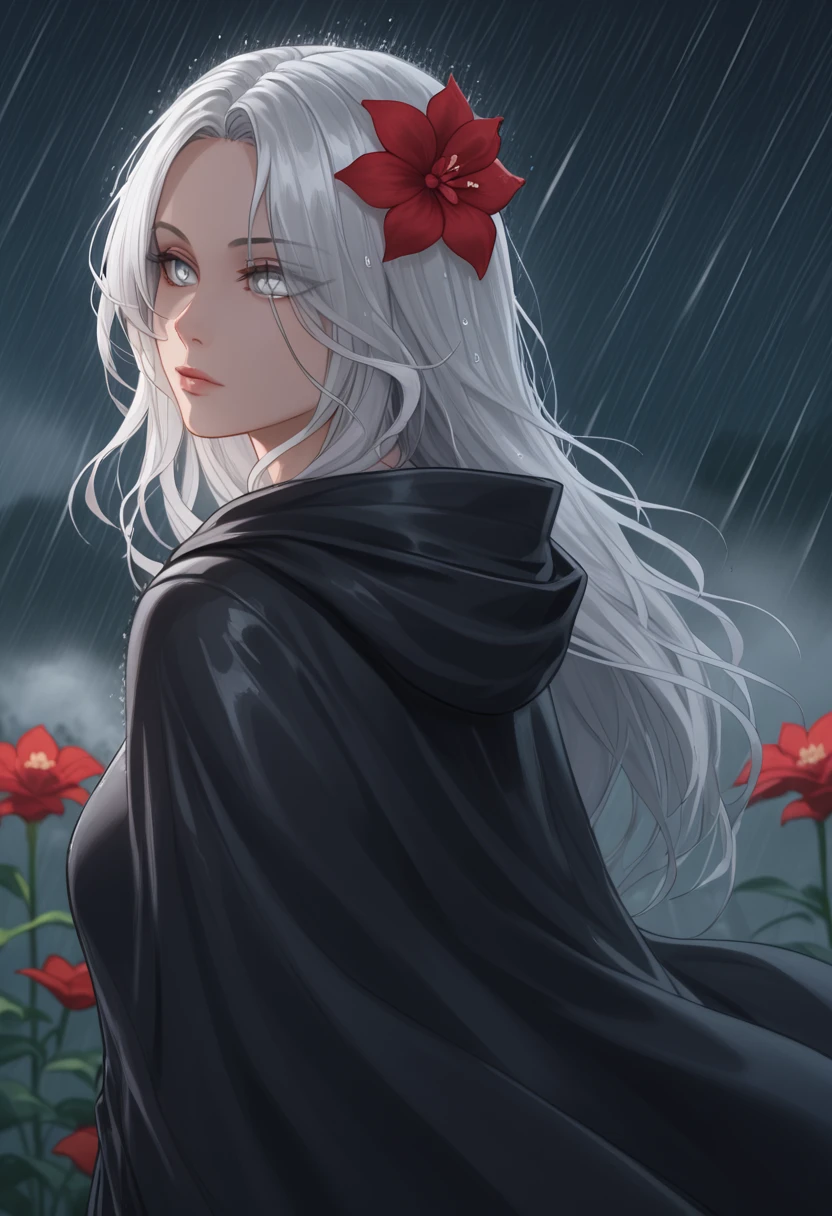 1girl,solo,1girl,solo,((beautiful detailed eyes)), (detailed light),depth of field,(white hair),silver eyes,hair over one eye,(red flower ), hair flower,long hair,black cloak,wet,emotionless,looking back,night,starfall,raining,fog,red flowers falling,sketch,upper body,intense shadows,