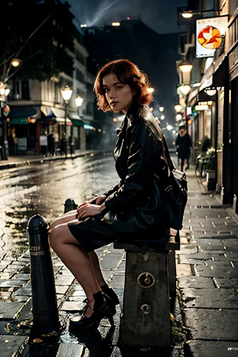 distant view, a night paris street, parisian alley, fog, cafe shop, beautiful woman sitting in a bench, red hair, spotlight enli...