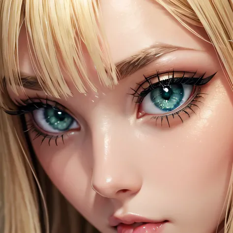 green detailed eyes, eyes big lashes very detailed, pretty eye, blonde, beautiful eyes detailed, highlight the eye.