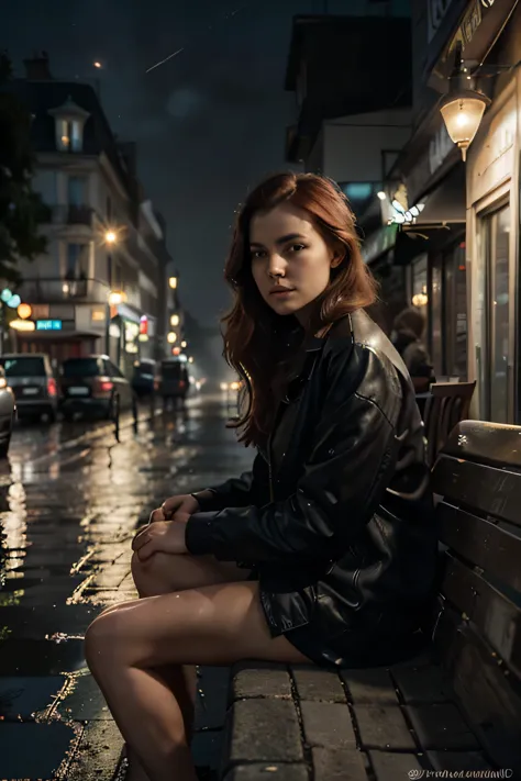 distant view, a night parisian street,  fog, cafe shop, beautiful woman sitting in a bench, red hair, spotlight enlighting her d...