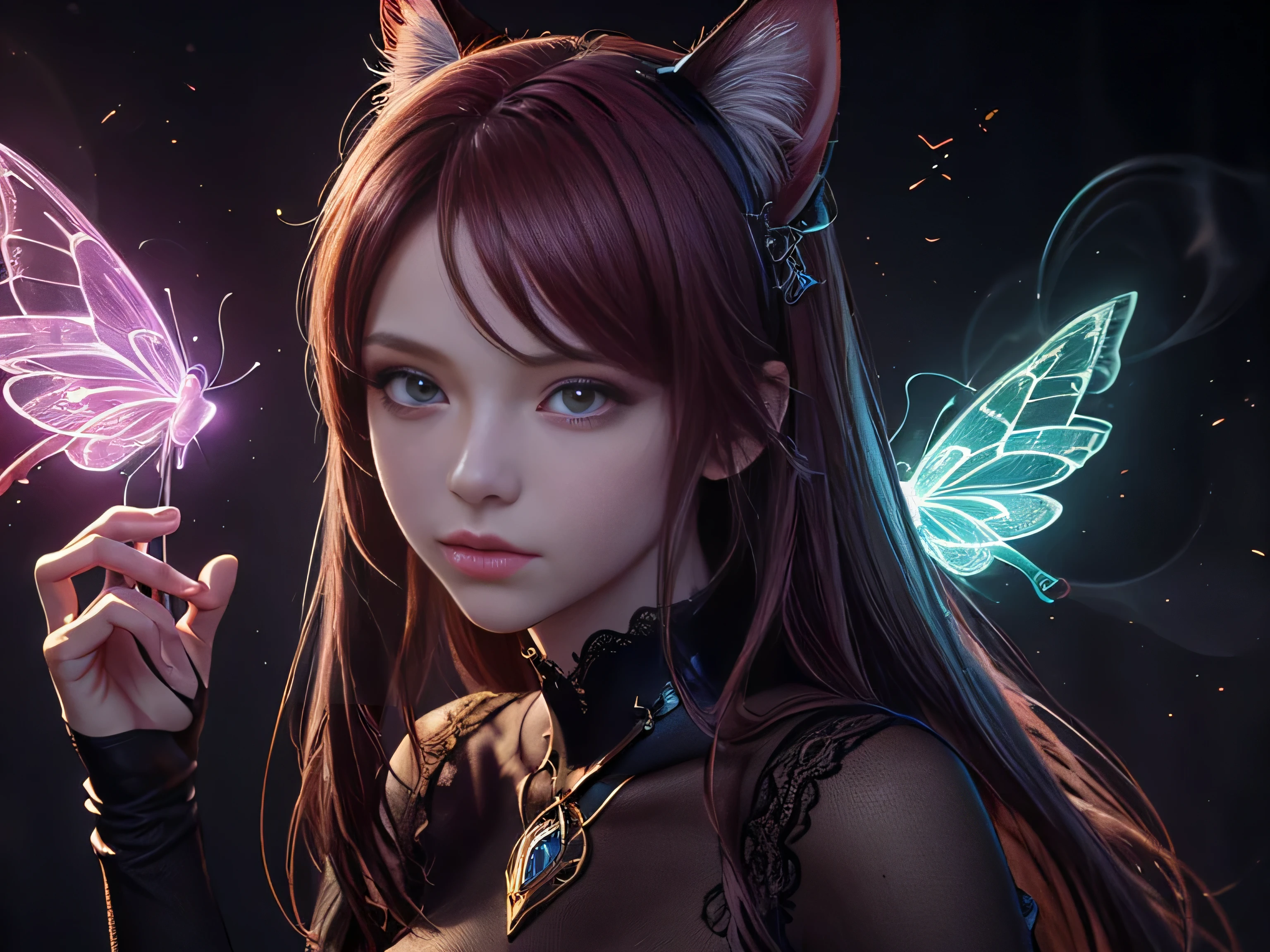 (Best Quality, 8K, Masterpiece, HDR, Soft Lighting, Picture Perfect, Realistic, Vivid), Cat Girl (1.0), Cat Girl with Red Hair and Dark Eyes in Revealing Clothes, Black Bodysuit with Lace Shiny Gloss Sheer Texture, Beautiful Anime Fantasy, Very beautiful and cute cat girl, large pink butterflies fly around, background blur, anime fantasy, work in Gouves style, realistic: 1.37, top view, red cat girl lies in blue flowers, large pink butterflies fly around, horizontal view, (Ultra High Quality Fantasy Art), Masterpiece, Female Model, Ultra High Quality Female Character Designs, Detailed 8k Anime Art, Realistic Anime Art, Highest Quality Wallpapers, Intricate Ultra High Quality Accurate Female Character Faces, High Quality Designs and Accurate Physics (Fantasy - Ultra High Quality) quality) quality)) art), dark fantasy style), masterpieces, super high-quality characters, anime resolution - 8K, realistic anime art, wallpaper with the highest quality illustrations, ultra-high detail of faces, high-quality design and accurate physics), color, depth of field, shadows, ray tracing, high quality workmanship. -high quality and 8K resolution, (Accurate simulation of the interaction of light and materials)], [High-quality hair detail [More about beautiful and shiny red hair]], (Beautifully detailed hands [perfect fingers [Perfect nails]]], (perfect anatomy (perfect proportions)))) [[Full-length]], [Perfect combination of colors (Accurate imitation of the interaction of light and material)], [art that conveys the meaning of the story](modified)