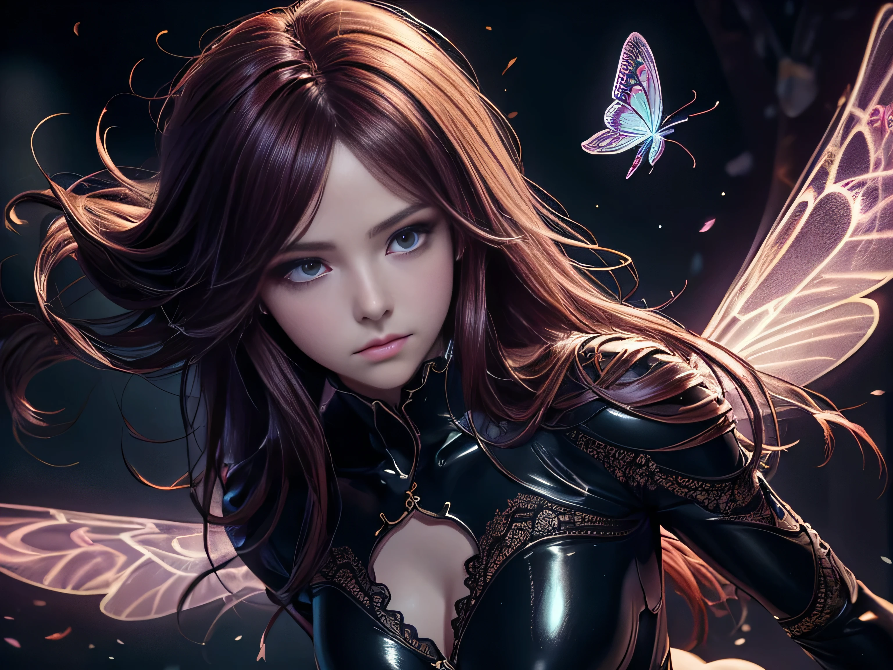 (Best Quality, 8K, Masterpiece, HDR, Soft Lighting, Picture Perfect, Realistic, Vivid), Cat Girl (1.0), Cat Girl with Red Hair and Dark Eyes in Revealing Clothes, Black Bodysuit with Lace Shiny Gloss Sheer Texture, Beautiful Anime Fantasy, Very beautiful and cute cat girl, large pink butterflies fly around, background blur, anime fantasy, work in Gouves style, realistic: 1.37, top view, red cat girl lies in blue flowers, large pink butterflies fly around, horizontal view, (Ultra High Quality Fantasy Art), Masterpiece, Female Model, Ultra High Quality Female Character Designs, Detailed 8k Anime Art, Realistic Anime Art, Highest Quality Wallpapers, Intricate Ultra High Quality Accurate Female Character Faces, High Quality Designs and Accurate Physics (Fantasy - Ultra High Quality) quality) quality)) art), dark fantasy style), masterpieces, super high-quality characters, anime resolution - 8K, realistic anime art, wallpaper with the highest quality illustrations, ultra-high detail of faces, high-quality design and accurate physics), color, depth of field, shadows, ray tracing, high quality workmanship. -high quality and 8K resolution, (Accurate simulation of the interaction of light and materials)], [High-quality hair detail [More about beautiful and shiny red hair]], (Beautifully detailed hands [perfect fingers [Perfect nails]]], (perfect anatomy (perfect proportions)))) [[Full-length]], [Perfect combination of colors (Accurate imitation of the interaction of light and material)], [art that conveys the meaning of the story](modified)