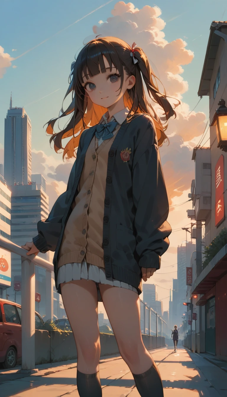 One Girl, (Sunset sky), Standing and waving, School Area, Cityscape, scenery, School Cardigan, (Sleeves are longer than the wrist), Powerful loafers, Black ash two side up hair, Blunt bangs, Beautiful dark eyes, Black knee socks, Cinema Lighting, Upper Body, :3,