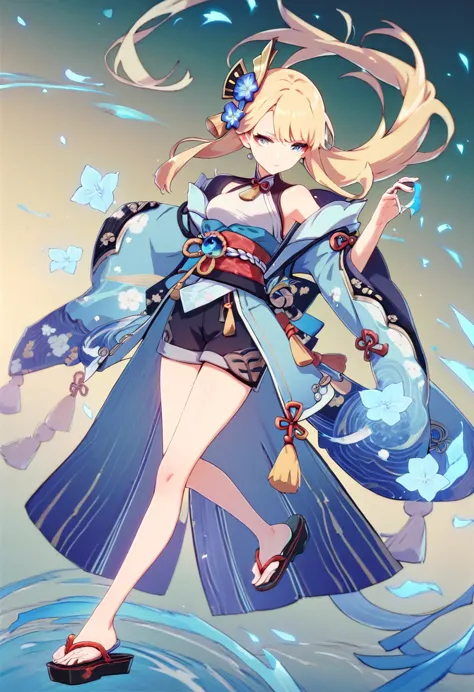 illustration of an anime-style female character with long blonde hair and wearing a blue kimono-style jacket, black shorts, and ...