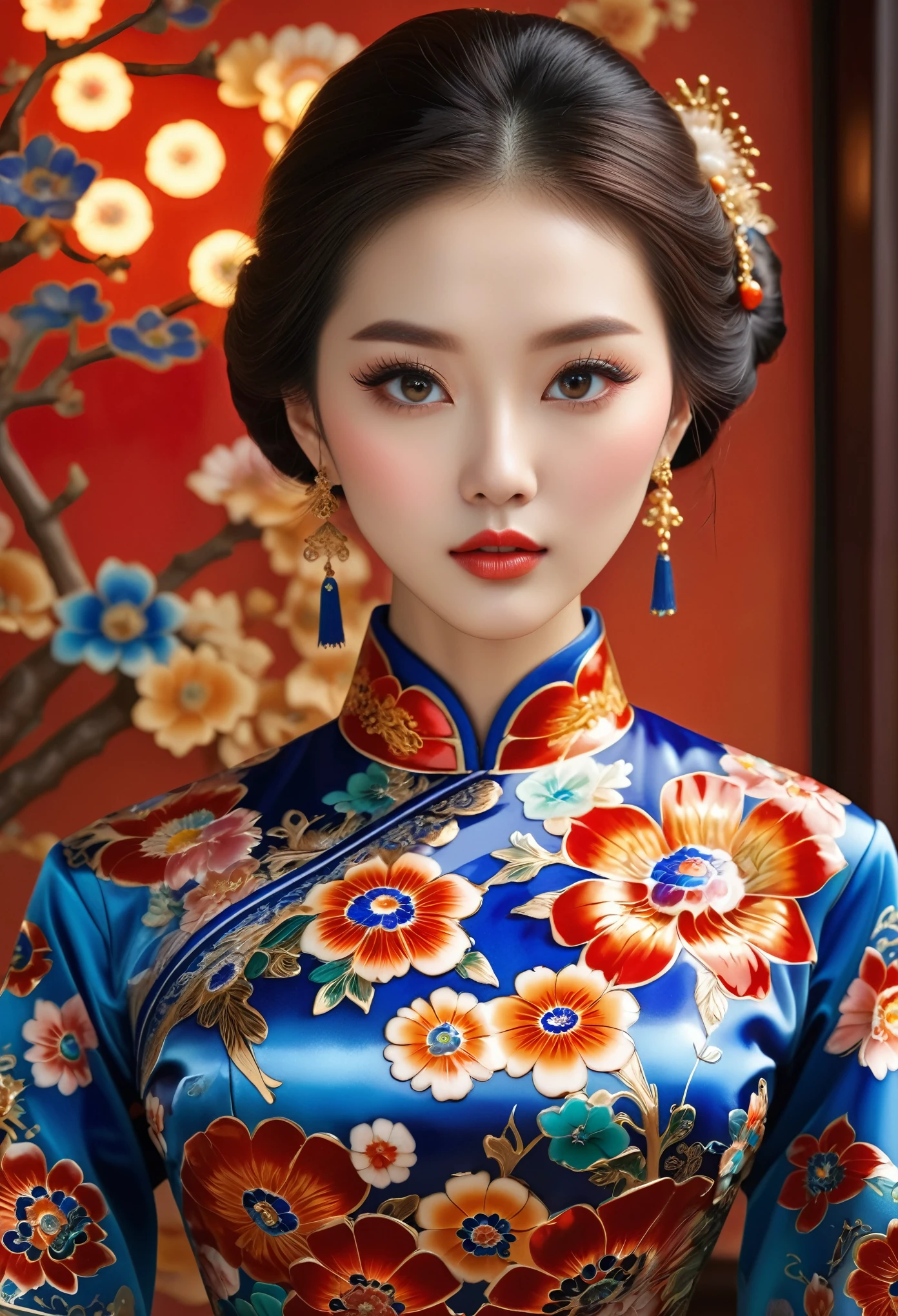 intricate millefiori glass pattern,chinese porcelain qipao dress,elegant woman,beautiful detailed eyes,beautiful detailed lips,extremely detailed face,long eyelashes,ornate jewelry,detailed fabric textures,soft lighting,warm color palette,photorealistic,high resolution,masterpiece,ultra-detailed,cinematic composition,dramatic lighting