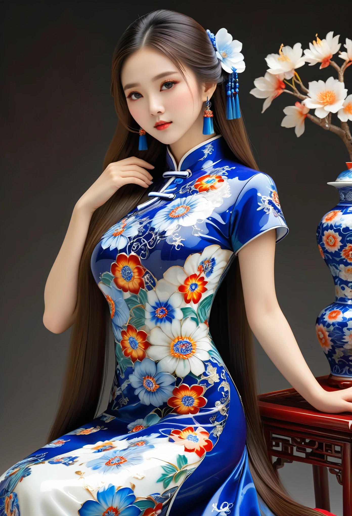 intricate millefiori glass pattern,chinese porcelain qipao dress,elegant woman,beautiful detailed eyes,beautiful detailed lips,extremely detailed face,long eyelashes,ornate jewelry,detailed fabric textures,soft lighting,warm color palette,photorealistic,high resolution,masterpiece,ultra-detailed,cinematic composition,dramatic lighting