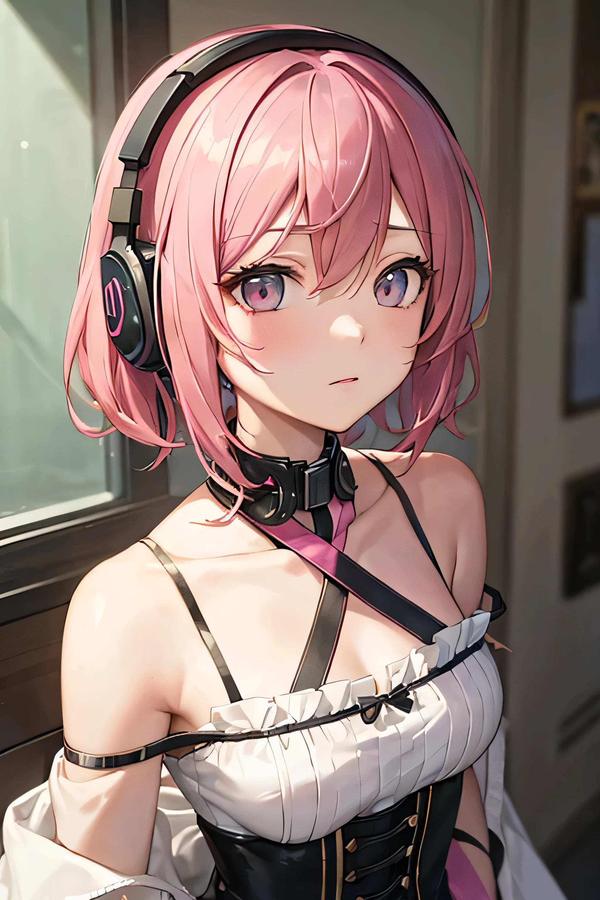 masterpiece, best quality, vocaloid, pink hair, dark, brown eyes, eye, off shoulder, strapless, black dress, headset, short hair, classic bangs, green headphones, judgmental facial expression