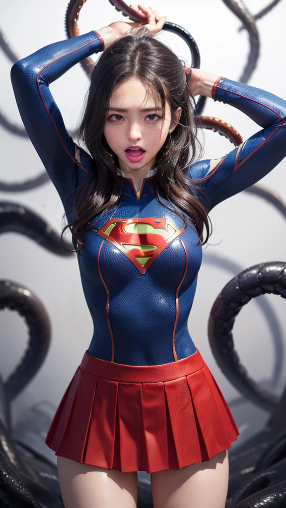 (8k、Highest quality、masterpiece:1.2)、(Realism、Photorealistic:1.37)、Ultra high definition、(Highest quality)、(masterpiece)、Supergirl trapped by tentacles、(Perfect fit body、Perfect fit、Perfect Thighs)、(((Wearing the Supergirl suit、skirt、Damaged、Torn、Thighs in Torn clothes、 Exposed arms)))、Long Hair、Long Hair、(((Tattered clothes、Too much exposure、Torn clothes、引き裂かれたskirt、ボロボロのskirt、White liquid all over the body、White liquid sticks to the body、 on the face、胸に白colorの液体、)))、(((The background is a prison、Hands clasped behind head、Surrounded by tentacles、The body is connected by many tentacles.、Hands bound by tentacles、The legs are tied with tentacles、Tentacles groping the whole body、color々Mature woman posing))),(Open your mouth、Scream、painでうめき声をあげる, painを感じ, Flowing Tears:1.5), pain, I&#39;m in pain and crying、A meat stick is stuck in his crotch、