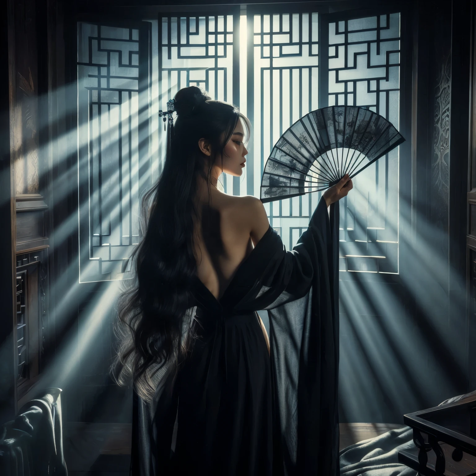 Uma mulher asiática ultra bonita, cabelo preto comprido, segurando um longo leque de luta asiático com licor antigo e preto, vestindo um longo roupão chinês preto, em uma sala escura, raios de luar entram pela janela aberta da varanda, Tinta preta, no estilo de Caravaggio e Da Vinci, Resolução 8K, hiperdetalhado, fotorrealista, um estilo de arte de pintura a óleo, Sfumato,