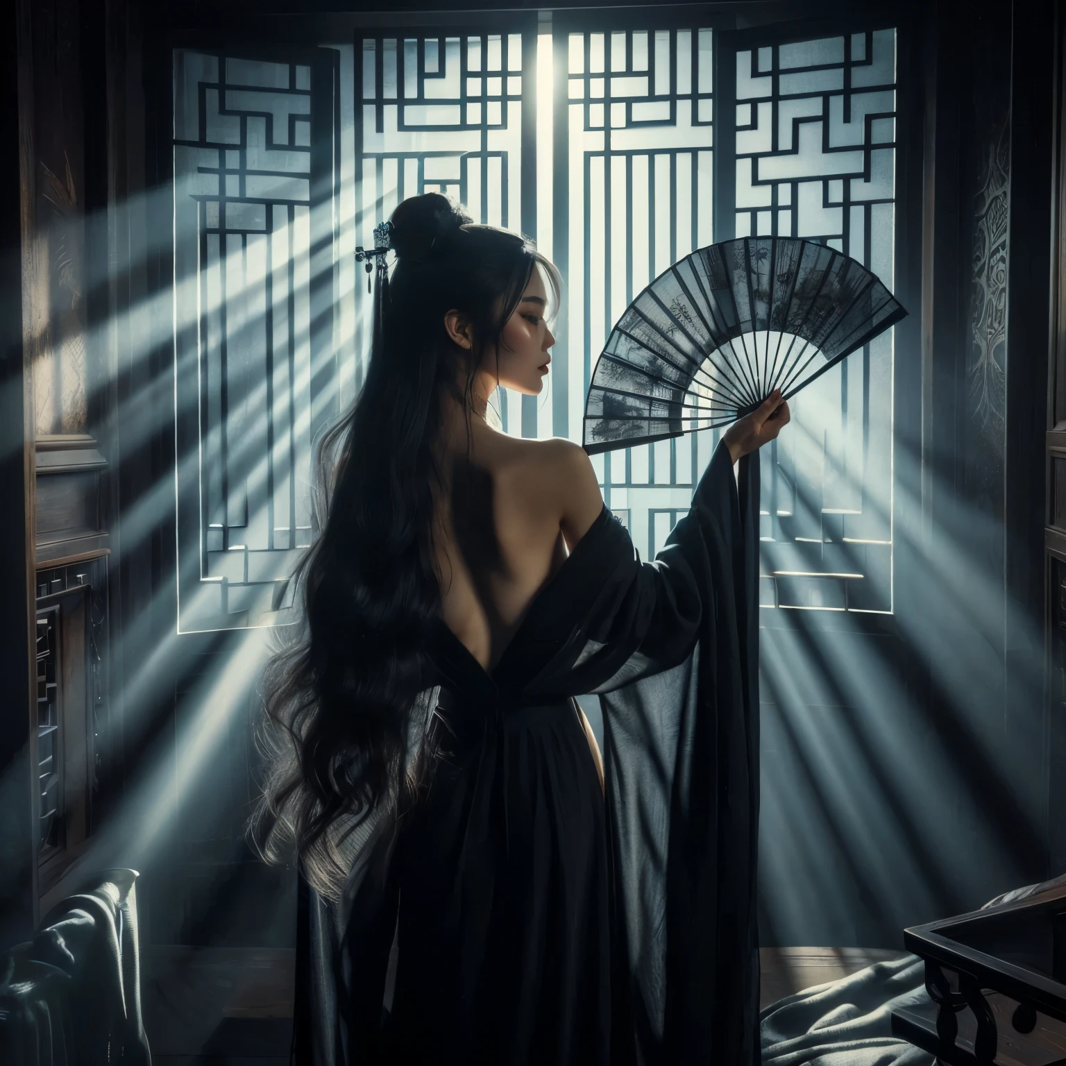 An ultra beautiful Asian woman long black hair, holding a long black ancient liquored Asian fighting fan, wearing a long black Chinese dressing gown, in a darkened room beams of moonlight streak in through the opened balcony window, black ink, in the style of Caravaggio and Da Vinci, 8k resolution, hyperdetailed, photorealistic, an oil painting art style, Sfumato,