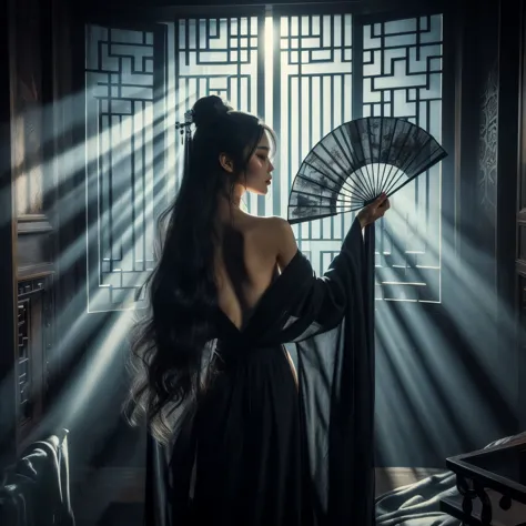 An ultra beautiful Asian woman long black hair, holding a long black ancient liquored Asian fighting fan, wearing a long black C...