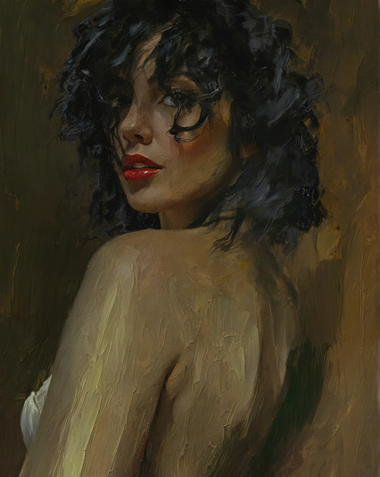 cuadro de una mujer con el torso desnudo, con cabello negro y un vestido blanco, pintura al óleo digitales, en un estilo de pintura al óleo, óleo sobre lienzo digitales, pintado en alta resolución, Pintura al óleo expresiva digital, pintura al óleo digitales, Pintura digital sensual, al estilo de una pintura al óleo, pintura al óleo del arte digital, Inspirado por Willem Kalf, pintado digitalmente, inspirado por William Etty