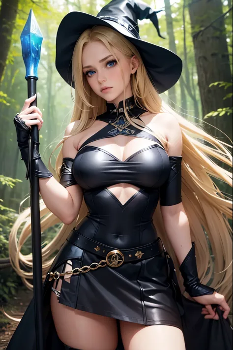 woman, blonde hair, long hair, blue eyes, black leotard, black skirt, magical runes on skirt, large dildo in hand, witches hat, ...