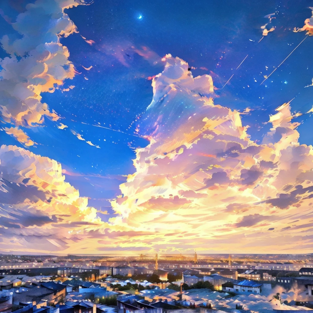 A girl is sitting on the edge of a building roof and looking at the sky、Cityscape seen from the rooftop of a building、evening、Starry Sky、Sky gradient、Backlit silhouette、A girl&#39;s silhouette can be seen at the bottom of the screen.