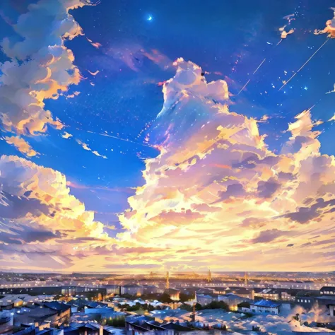 A girl is sitting on the edge of a building roof and looking at the sky、Cityscape seen from the rooftop of a building、evening、St...