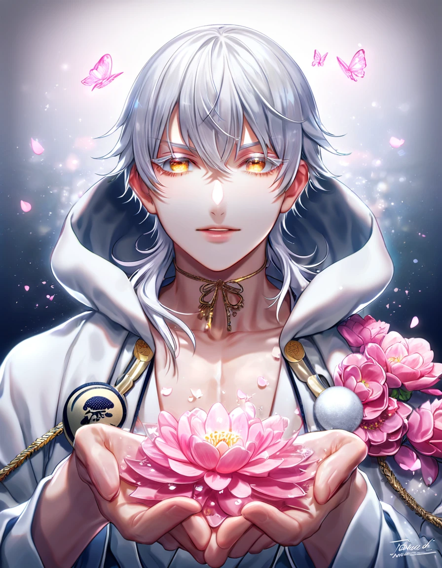 absurdres, highres, ultra detailed, HDR, master piece, best quality, Tsurumaru Kuninaga, white hair, expressive yellow eyes, white eyelashes, Touken Ranbu, solo, sexy man, handsome, white clothes, fantasy, shining, water, pink flowers, pink blossoms, pink butterflies, pink petals